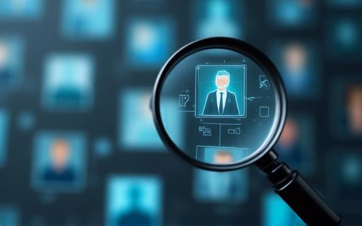 A magnifying glass over a group of professional profiles, symbolizing talent acquisition.